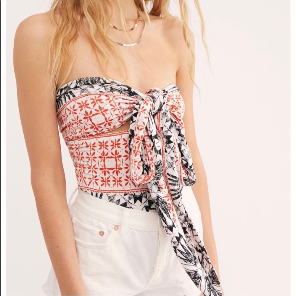 Free People Red and Black Pareo Patterned Strapless Bodysuit Large